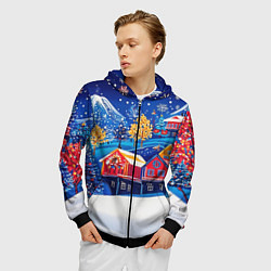 Толстовка 3D на молнии мужская Новогодний городок в горах, цвет: 3D-черный — фото 2