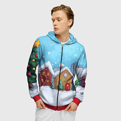 Толстовка 3D на молнии мужская Домики новогодние, цвет: 3D-красный — фото 2
