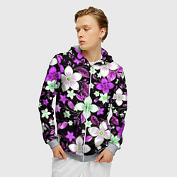 Толстовка 3D на молнии мужская Фиолетово-белые цветы на чёрном фоне, цвет: 3D-меланж — фото 2