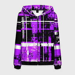 Толстовка 3D на молнии мужская Фиолетово-белый гранж на чёрном фоне, цвет: 3D-черный