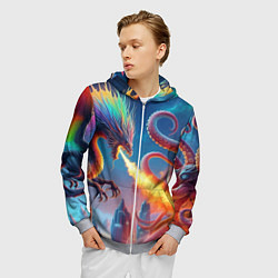 Толстовка 3D на молнии мужская Огнедышащий дракон против осьминога - нейроарт фан, цвет: 3D-меланж — фото 2