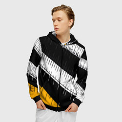 Толстовка 3D на молнии мужская Диагональные чёрно-белые полосы на жёлтом фоне, цвет: 3D-черный — фото 2