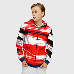 Толстовка 3D на молнии мужская Горизонтальные чёрно-белые линии на красном фоне, цвет: 3D-синий — фото 2