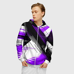 Толстовка 3D на молнии мужская Диагональные фиолетово-чёрные линии на белом фоне, цвет: 3D-белый — фото 2