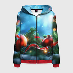 Толстовка 3D на молнии мужская Красные игрушки новогодние, цвет: 3D-красный
