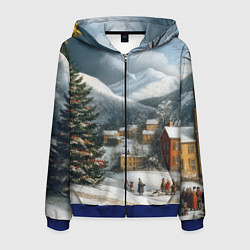 Толстовка 3D на молнии мужская Новогодняя огромная елка и маленькие домики, цвет: 3D-синий