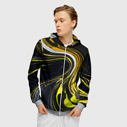Толстовка 3D на молнии мужская Волнистые бело-жёлтые линии на чёрном фоне, цвет: 3D-меланж — фото 2