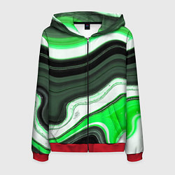 Толстовка 3D на молнии мужская Волнистые горизонтальные чёрно-зелёные полосы на б, цвет: 3D-красный
