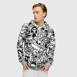 Толстовка 3D на молнии мужская Black and white doddle monsters, цвет: 3D-меланж — фото 2