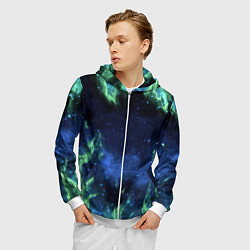 Толстовка 3D на молнии мужская Зеленые языки пламени, цвет: 3D-белый — фото 2