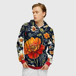 Толстовка 3D на молнии мужская Маки и пионы старинный паттерн, цвет: 3D-красный — фото 2