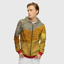 Толстовка 3D на молнии мужская Золотые волны на сером текстура, цвет: 3D-красный — фото 2