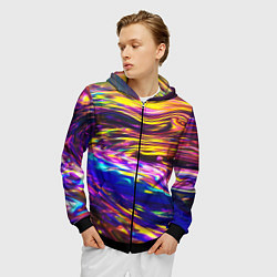 Толстовка 3D на молнии мужская Неоновые полосы текстура, цвет: 3D-черный — фото 2