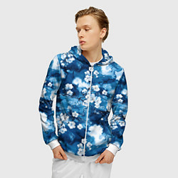 Толстовка 3D на молнии мужская Цветы белой сакуры - паттерн на синем фоне, цвет: 3D-белый — фото 2