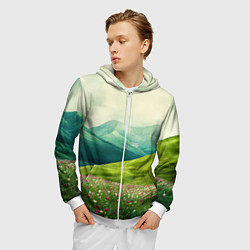 Толстовка 3D на молнии мужская Горы и поле с цветами - зеленый пейзаж, цвет: 3D-белый — фото 2
