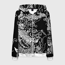 Толстовка 3D на молнии мужская Белый дракон на черном, цвет: 3D-белый