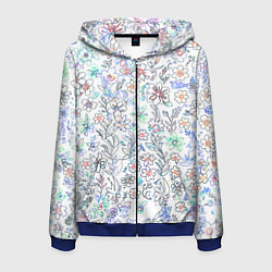 Толстовка 3D на молнии мужская Белый в рисованный цветочек, цвет: 3D-синий
