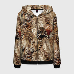 Толстовка 3D на молнии мужская Разные перья птиц - коричнево-бежевый паттерн, цвет: 3D-черный