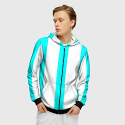 Толстовка 3D на молнии мужская Color light blue white lines, цвет: 3D-черный — фото 2