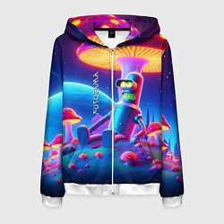Толстовка 3D на молнии мужская Робот-сгибальщик Бендер находится под неоновым мух, цвет: 3D-белый