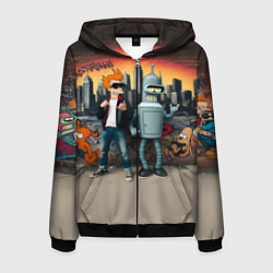 Толстовка 3D на молнии мужская Фрай и Бендер на фоне стены с граффити, цвет: 3D-черный