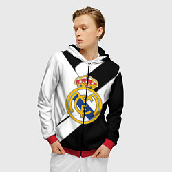 Толстовка 3D на молнии мужская Реал Мадрид черно белые полосы, цвет: 3D-красный — фото 2