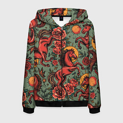 Толстовка 3D на молнии мужская Красный конь и розы, цвет: 3D-черный