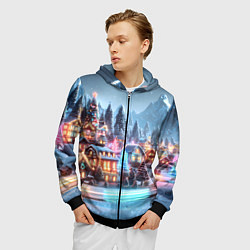 Толстовка 3D на молнии мужская Городок в новогодних огоньках, цвет: 3D-черный — фото 2