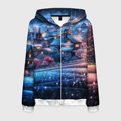 Толстовка 3D на молнии мужская Новогодний двор в блестках, цвет: 3D-белый