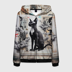 Толстовка 3D на молнии мужская Кошка Корниш-рекс - ретро граффити, цвет: 3D-черный