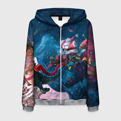 Толстовка 3D на молнии мужская Санта с динозавром, цвет: 3D-меланж