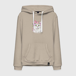 Толстовка-худи хлопковая мужская Котик В Цветах, цвет: миндальный
