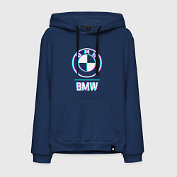 Толстовка-худи хлопковая мужская Значок BMW в стиле glitch, цвет: тёмно-синий