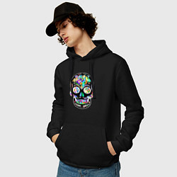 Толстовка-худи хлопковая мужская Чёрный мексиканский череп с разноцветными цветами, цвет: черный — фото 2