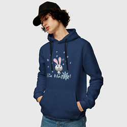 Толстовка-худи хлопковая мужская Год кролика Надпись Будь счастлив, цвет: тёмно-синий — фото 2