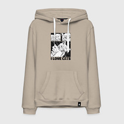 Толстовка-худи хлопковая мужская I love cats comic, цвет: миндальный