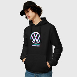 Толстовка-худи хлопковая мужская Значок Volkswagen в стиле glitch, цвет: черный — фото 2