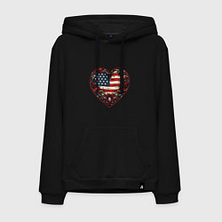 Толстовка-худи хлопковая мужская Сердце с цветами флаг США, цвет: черный