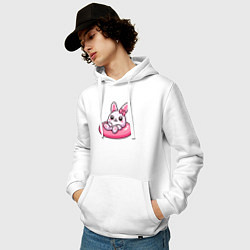 Толстовка-худи хлопковая мужская Смешной розовый кролик в надувном круге, цвет: белый — фото 2