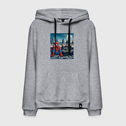 Мужская толстовка-худи Человек паук и Бэтмен пьют пиво на крыше небоскрёб
