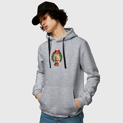 Толстовка-худи хлопковая мужская Новогодний котик с рождественским венком, цвет: меланж — фото 2