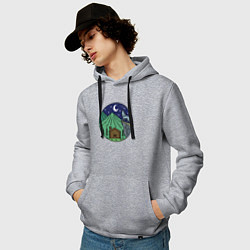 Толстовка-худи хлопковая мужская Избушка в ночных горах, цвет: меланж — фото 2