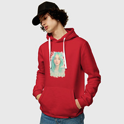 Толстовка-худи хлопковая мужская Билли Айлиш с зелеными волосами, цвет: красный — фото 2