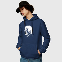 Толстовка-худи хлопковая мужская Портрет Миядзаки белой краской, цвет: тёмно-синий — фото 2