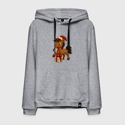 Толстовка-худи хлопковая мужская Лошадка распаковывает подарок, цвет: меланж