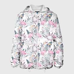 Куртка с капюшоном мужская Тропические фламинго, цвет: 3D-белый