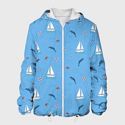 Куртка с капюшоном мужская Море, дельфины, парусник, цвет: 3D-белый