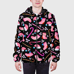 Куртка с капюшоном мужская Новогодняя ночь, акварельный узор, цвет: 3D-черный — фото 2