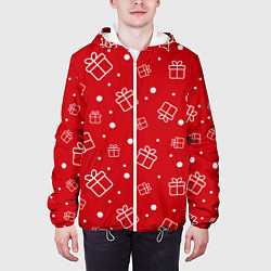 Куртка с капюшоном мужская Новогодние подарки на красном фоне, цвет: 3D-белый — фото 2