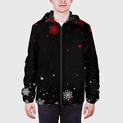 Куртка с капюшоном мужская КРАСНО БЕЛЫЕ СНЕЖИНКИ НА ЧЁРНОМ ФОНЕ, цвет: 3D-черный — фото 2